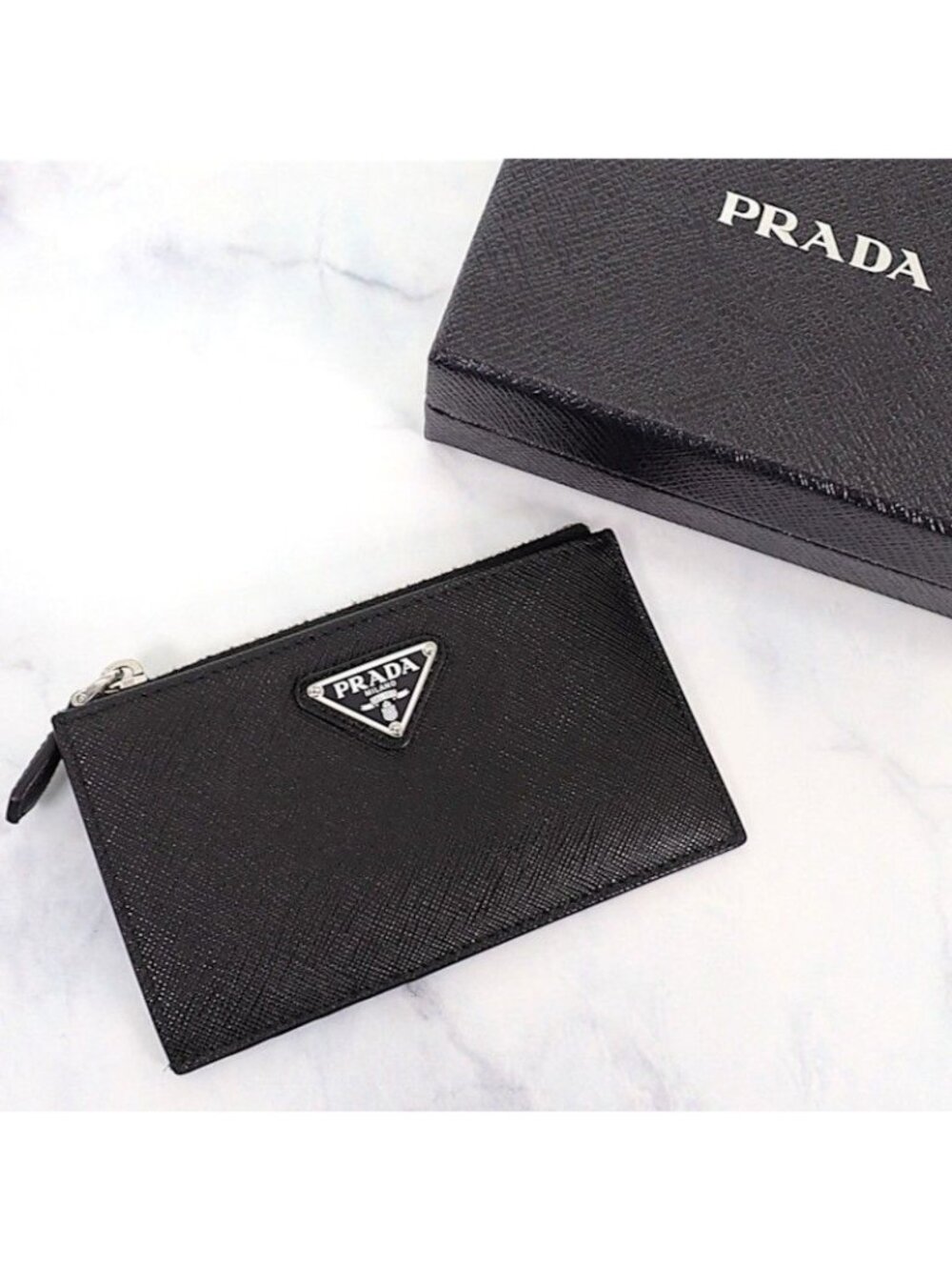 Prada Saffiano Triangle Card Case Black Silver